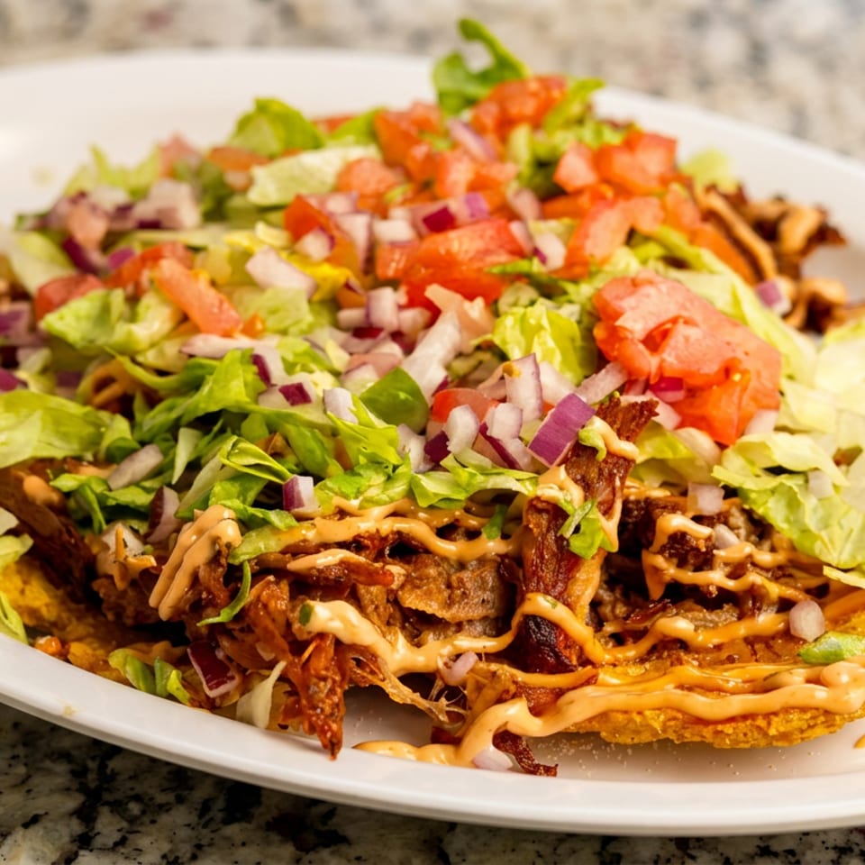 A white plate holds a dish of shredded meat, lettuce, diced tomatoes, and onions, drizzled with sauce.