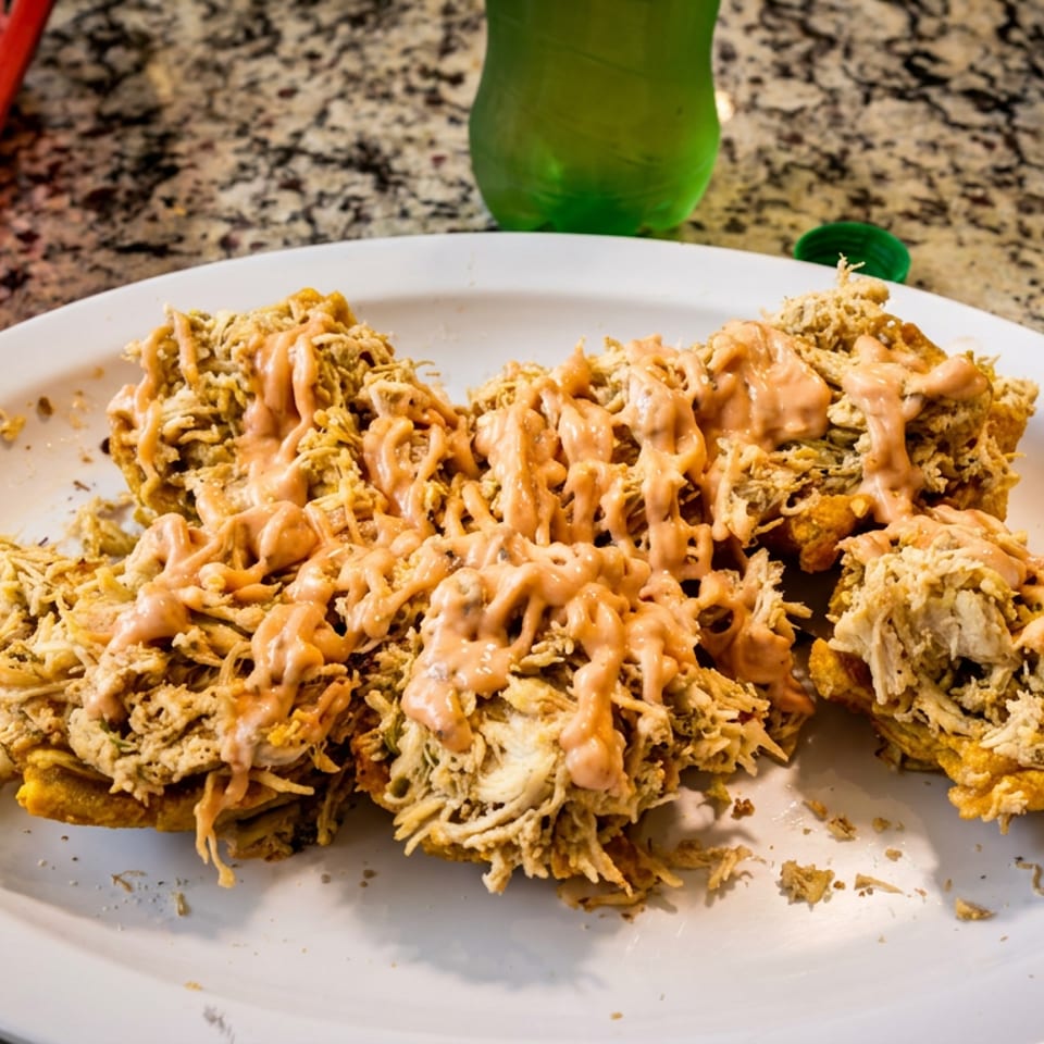 Shredded chicken with a creamy orange sauce on fried plantains, served on a white plate.