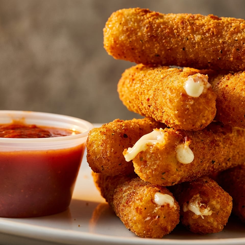 A stack of golden-brown mozzarella sticks with melted cheese oozing out, next to a cup of marinara sauce.