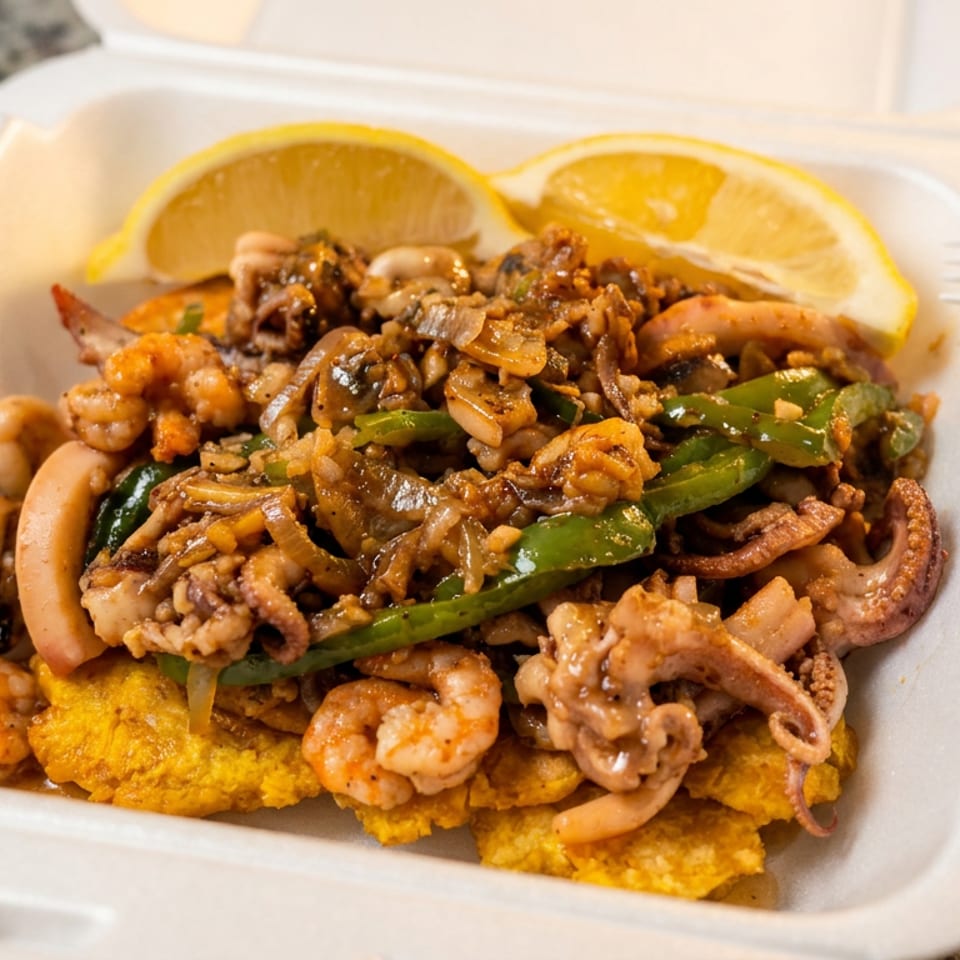 Seafood medley with shrimp, squid, green peppers, and onions, served with plantains and lemon wedges.